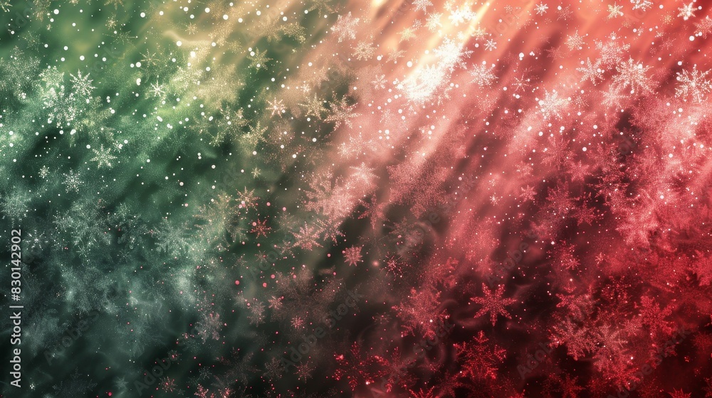 Fototapeta premium Dynamic abstract with holly berry red evergreen and silver shades gradient overlays light bursts and Christmas sparkle wallpaper