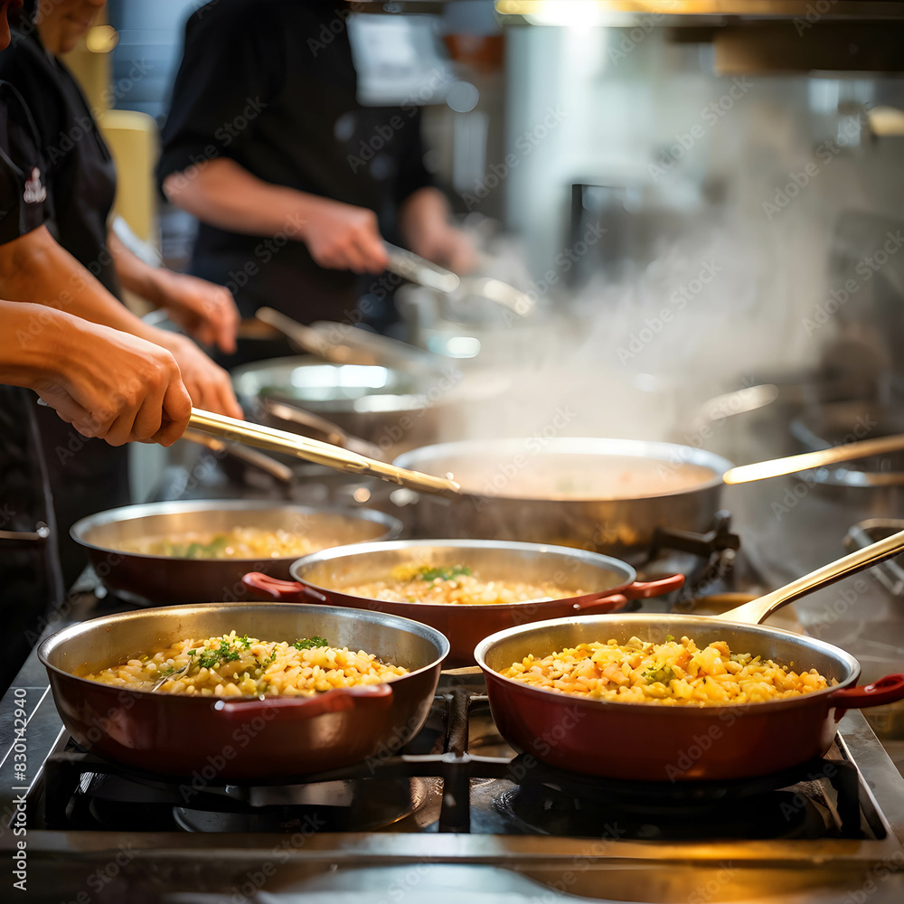 Dish of risotto being prepared by chefs in a busy commercial kitchen, stoves alight with pans boiling Dish of risotto being prepared by chefs in a busy commercial kitchen, stoves alight with pans boiling