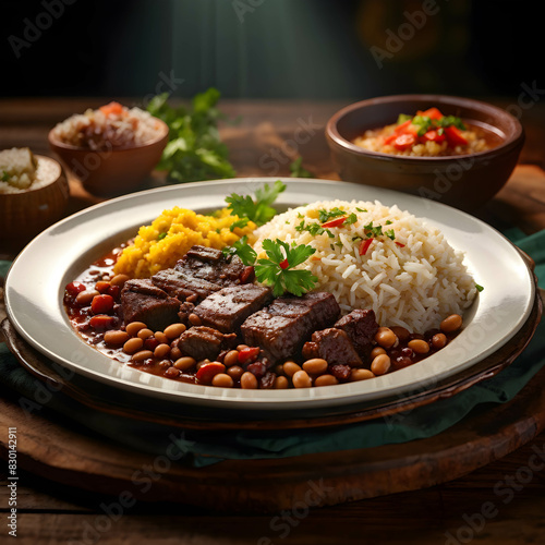 A dish with beans and rice  traditional Brazilian food..