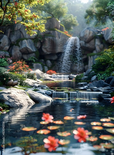 A tranquil pond in a beautiful natural landscape