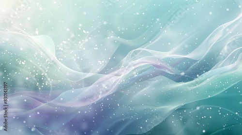 Shades of snowflake white pine green and icy lavender tranquil abstract with fluid wave-like patterns scattered particles and holiday peace wallpaper