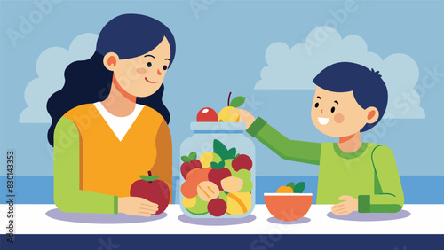 A parent prepares a colorful fruit salad with apples oranges kiwi and gs packed into a small mason jar for their child to enjoy as a healthy snack during their busy school day.. Vector illustration
