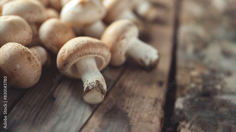 top view close up fresh harvested Shiitake mushrooms on wooden table, rustic farmland atmosphere top view close up fresh harvested Shiitake mushrooms on wooden table, rustic farmland atmosphere