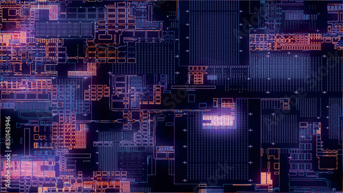 Printed circuit board. Visualization of advanced technology concept: PCB processor microchip, digitization of neural networks and cloud computing. Digital lines transmit data. Vector illustration.