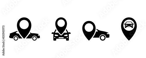 Set of location pin car vector icons. Black silhouette with automobile on map. Vector 10 EPS.