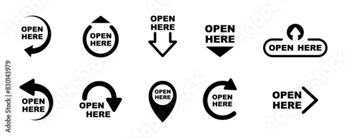 Open here icons vector set. Open here stickers or labels for package design. Special tag on box.