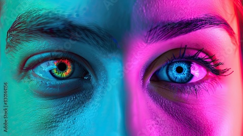 Collage of close-up male and female eyes isolated on colored neon backgorund. Multicolored stripes. Flyer with copy space for ad. Concept of equality, unification of all nations, ages and interests St photo