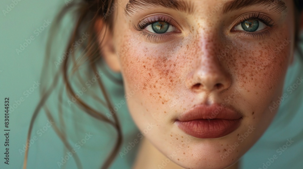 A close-up of smooth face skin, focusing on the natural texture, with a soft green backdrop A close-up of smooth face skin, focusing on the natural texture, with a soft green backdrop