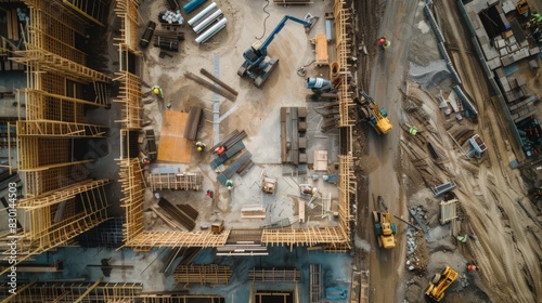 The construction site buzzes with efficiency as workers install electrical wiring  plumbing  and other essential systems.