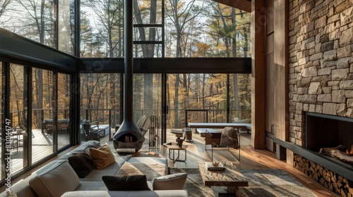 The cozy house nestled in the woods features a charming stone fireplace and large windows that overlook the serene forest