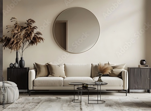 Sofa, sideboard and round mirror in a modern home interior living room s