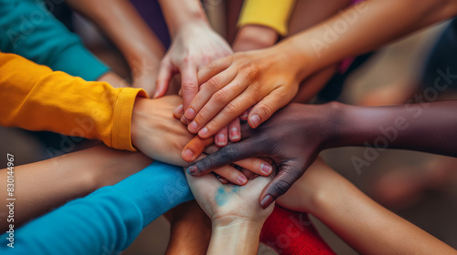 Group of multiracial people joining hands together