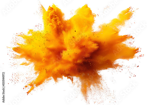 bright yellow orange holi paint color powder festival explosion burst isolated white background. industrial print concept background
