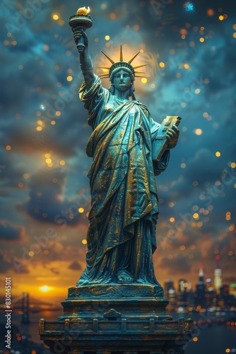 Statue of Liberty against the background of the US Flag . US Independence Day. Beautiful patriotic image for US Independence Day
