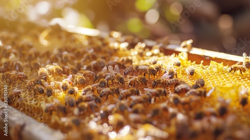 bee farm, many bees at hive full with honey