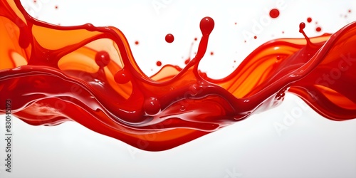 Closeup red liquid drips on white background with flowing splashes and drops. Concept Closeup Photography, Liquid Art, Red Color Palette, Abstract Background, Splashes and Drops