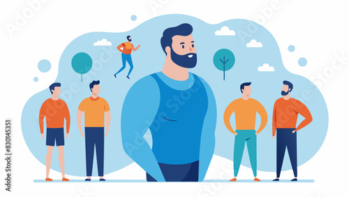 A series of images showing the transformation of a mans mindset and confidence as he attends regular support group meetings and works through his body image struggles.. Vector illustration