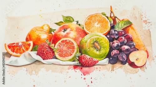 Watercolor painting of fruit arranged neatly with a white napkin on a beige backdrop