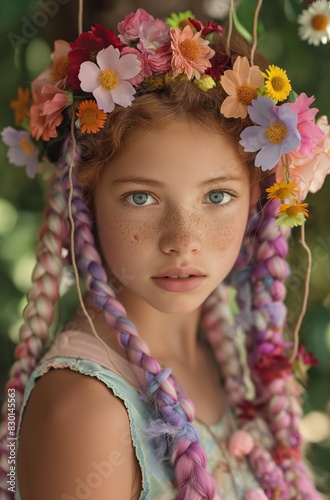 pretty girl natural look with colorful braid hairstyle decorated with flowers wildflowers crown  summer bohemian style free spirit atmosphere