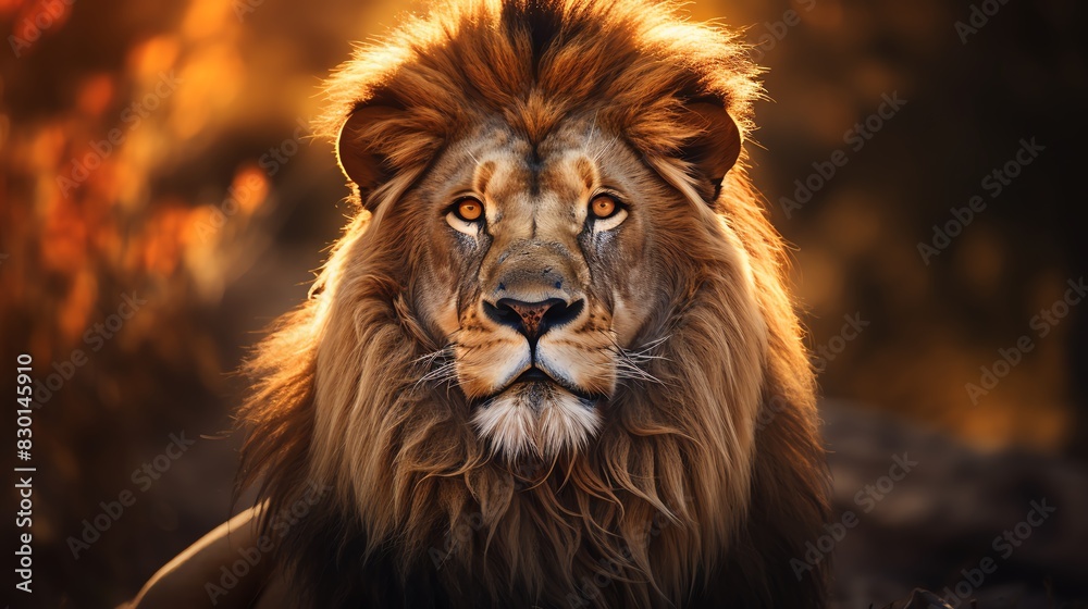 Majestic lion with a full mane gazes powerfully ahead in a warm, illuminated background. Symbolic of strength, courage, and nobility.