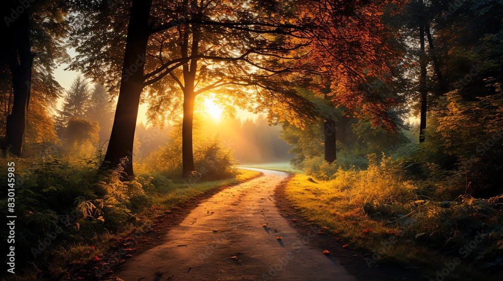 Serene forest path winding through vibrant trees, bathed in warm, golden sunset light, perfect for nature lovers and outdoor enthusiasts. Serene forest path winding through vibrant trees, bathed in warm, golden sunset light, perfect for nature lovers and outdoor enthusiasts.