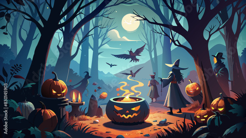 Enchanting Halloween Night Scene with Witches and Jack-o'-Lanterns