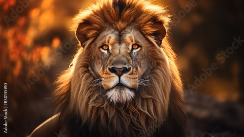 Majestic lion with a full mane gazes powerfully ahead in a warm  illuminated background. Symbolic of strength  courage  and nobility.