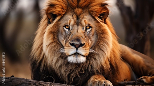 Magnificent lion with a majestic mane resting on the ground, surrounded by a natural background in the wilderness at dusk.