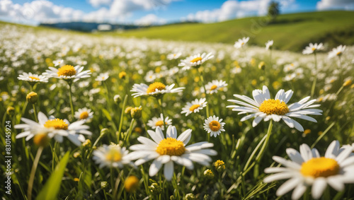 a field of white daisies with yellow centers.