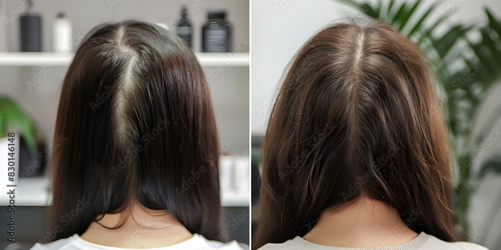 Fototapeta premium Before and after images of a woman receiving hair loss treatment. Concept Hair Growth Transformation, Before and After Photos, Beauty Makeover, Female Hair Loss, Hair Restoration