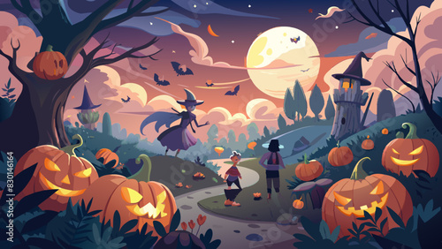Enchanted Halloween Night with Pumpkins, Bats, and Witches