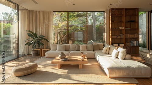 Wallpaper Mural Minimalist living room embraces natural beauty with furniture crafted from reclaimed wood and adorned with organic fabrics, creating a calming and sustainable haven Torontodigital.ca