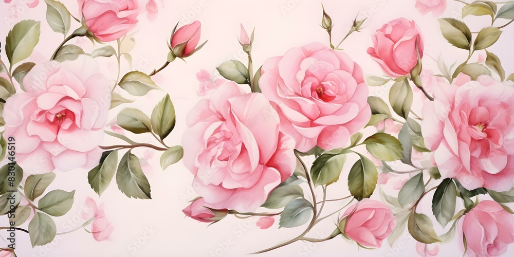 Watercolor floral pattern with pink roses: ideal for fabric or wallpaper print. Concept Floral Print, Watercolor Design, Pink Roses, Fabric Pattern, Wallpaper Design