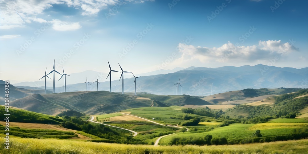 Harnessing Renewable Energy: Mountain Wind Turbines in a Sustainable Landscape. Concept Renewable Energy, Wind Turbines, Sustainable Landscape, Mountain Setting, Environmental Conservation Harnessing Renewable Energy: Mountain Wind Turbines in a Sustainable Landscape. Concept Renewable Energy, Wind Turbines, Sustainable Landscape, Mountain Setting, Environmental Conservation