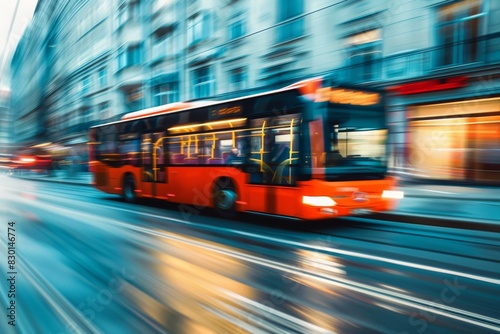 Urban travel: blurry motion of city bus in public transit