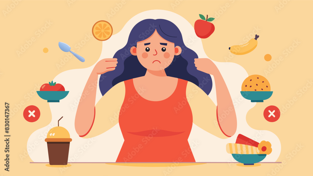 A woman constantly dieting and engaging in unhealthy eating habits to try and achieve the ideal body causing severe emotional distress.. Vector illustration A woman constantly dieting and engaging in unhealthy eating habits to try and achieve the ideal body causing severe emotional distress.. Vector illustration