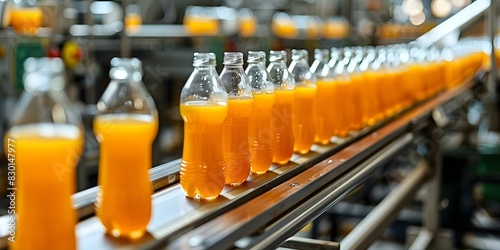 Bottling plant conveyor belt filling glass and plastic juice containers in a beverage production line. Concept Manufacturing process, Beverage industry, Conveyor belt technology