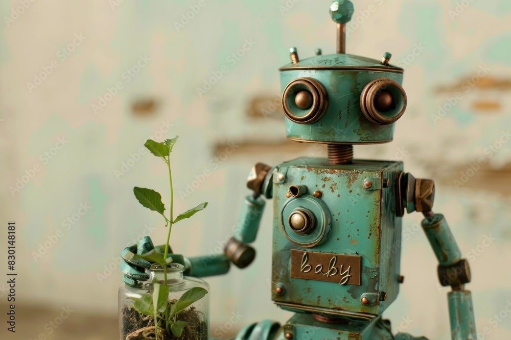 A robot holding a plant in a glass jar