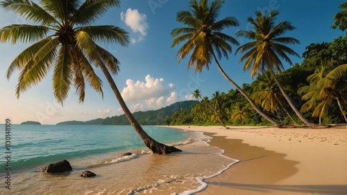 Idyllic tropical beach scene with palm trees swaying over white sand, clear ocean waters, and a mountainous backdrop under a blue sky.
