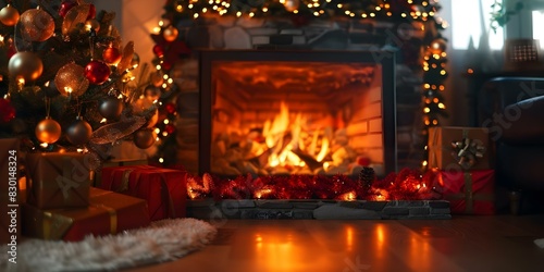 Warm fireplace and festive Christmas tree displayed on digital 3D screen. Concept Holiday Decorations, Cozy Atmosphere, Digital Display, Festive Vibe, Virtual Reality