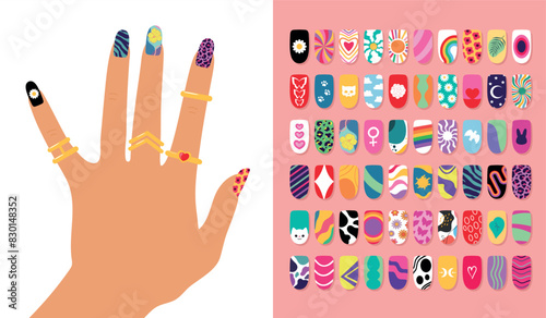 Fancy painted nails. Hand with nail design art set. Bright colorful manicure design. Vector illustration