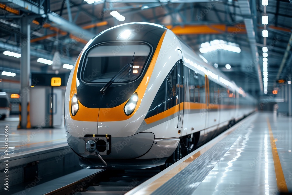 Fototapeta premium Sleek Modern White and Orange Train in Station
