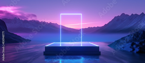 Empty product podium with neon indigo square, minimal style, set against a silent mountain range. 3d render illustration. 
 photo