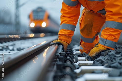Worker in Orange Suit Maintaining Railway Tracks
