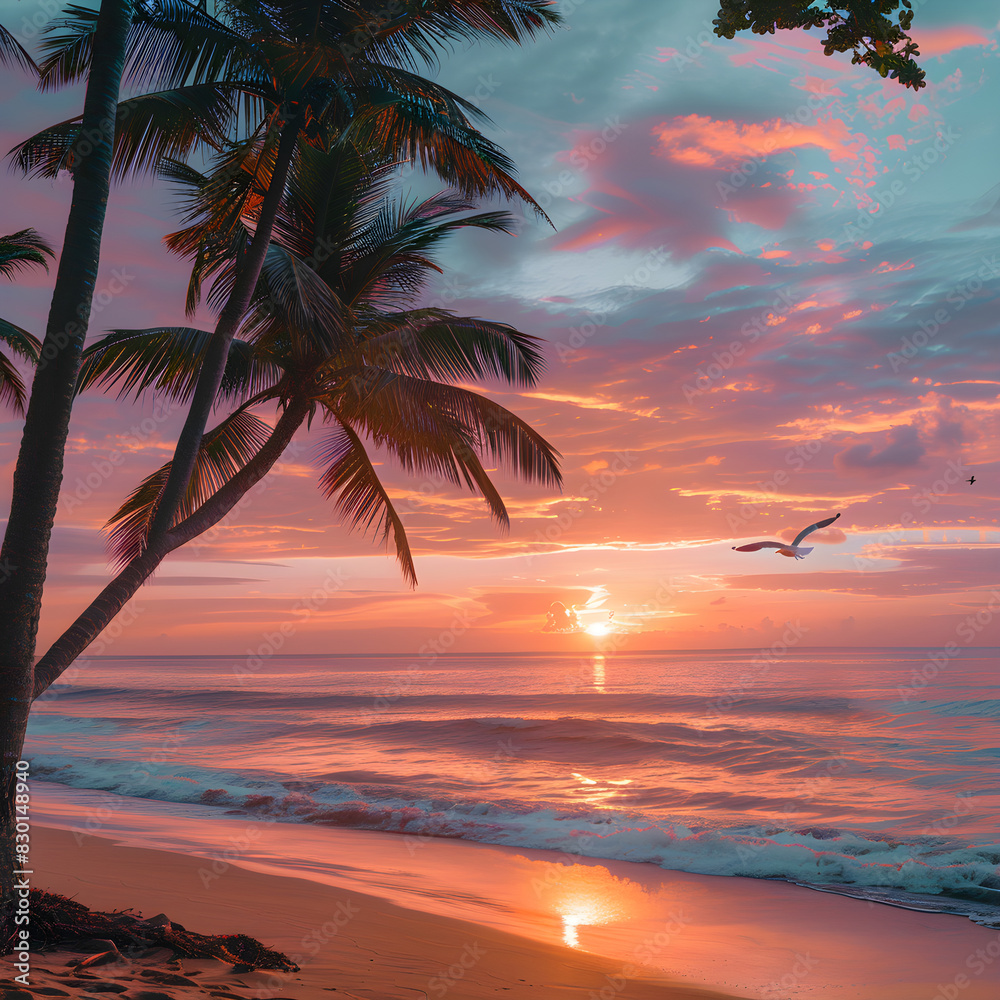 Serene Sunset Over Tropical Beach with Golden Sand and Swaying Palm Trees