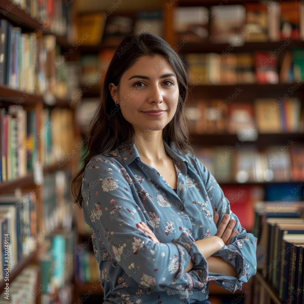 A woman stands in a library with her arms crossed and a smile on her face A woman stands in a library with her arms crossed and a smile on her face