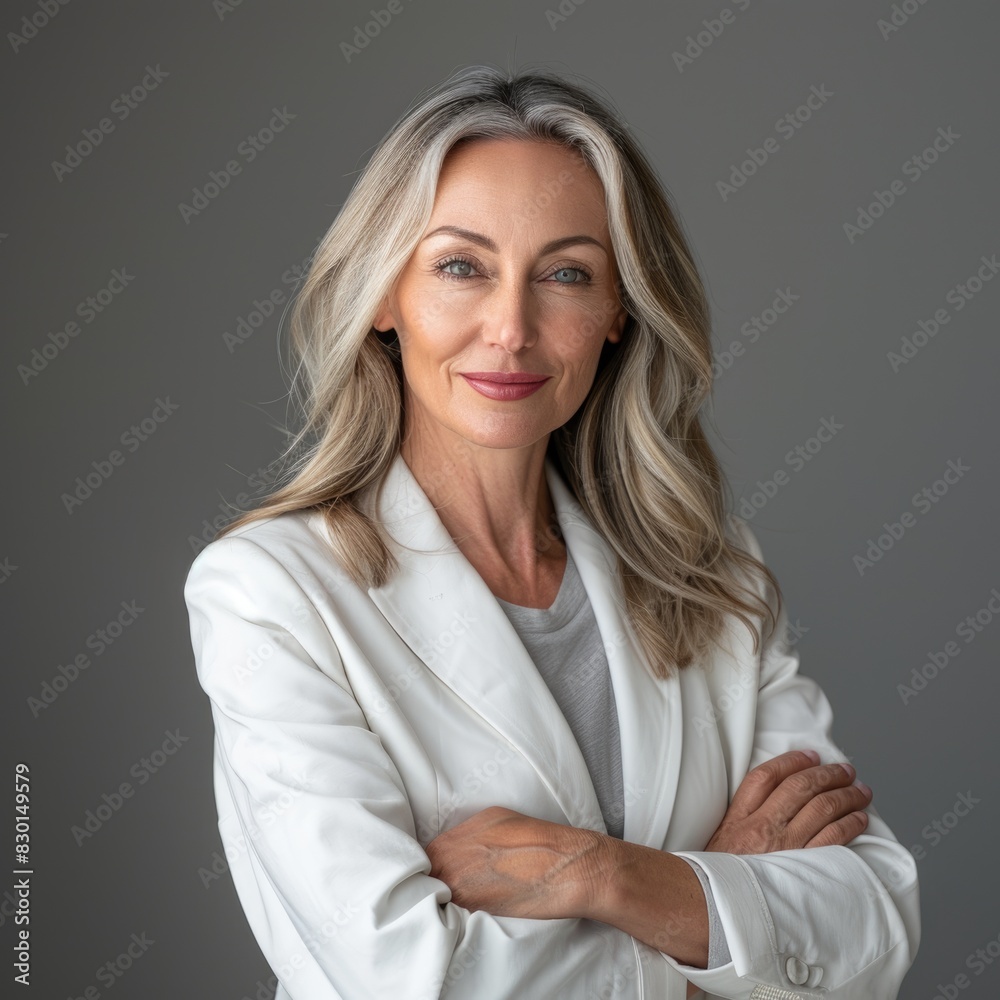 Portrait of a businesswoman, Business leader standing confidently with crossed arms on gray background. Portrait of a businesswoman, Business leader standing confidently with crossed arms on gray background.