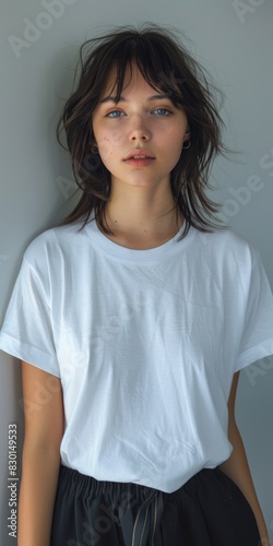 A young woman wearing a white t-shirt on gray background 