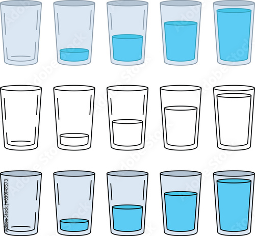 Water Drink Gauge Meter or Measurement Chart Clipart - with Different Levels from Empty, Half and Full Glass Clipart Set