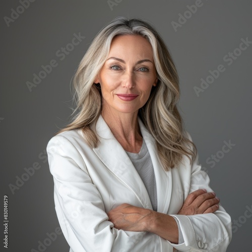 Portrait of a businesswoman, Business leader standing confidently with crossed arms on gray background.